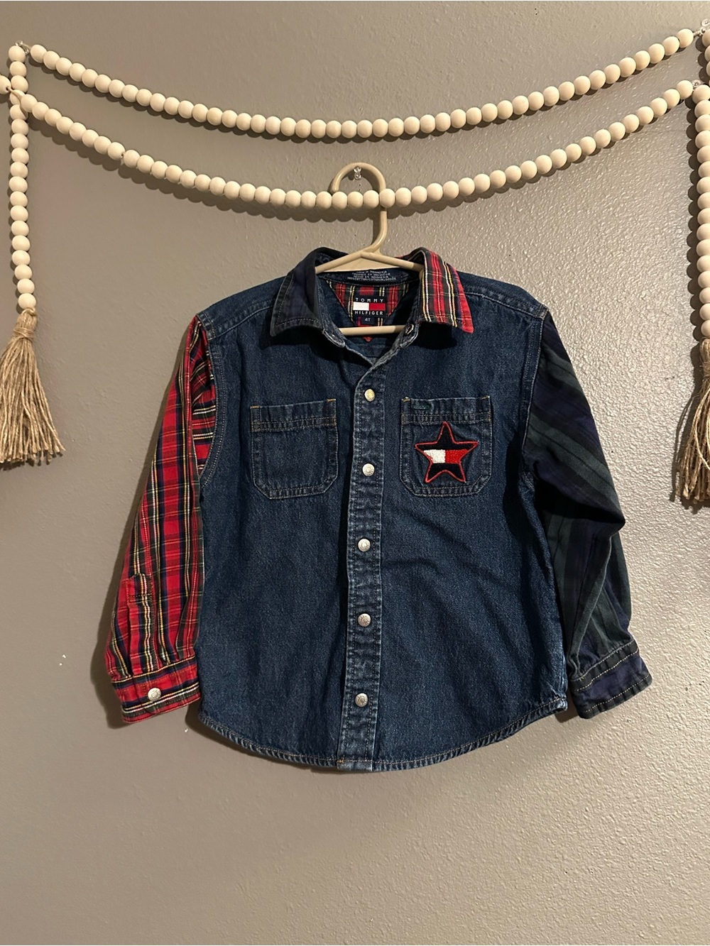 Tommy Hilfiger Dark Blue Denim Jacket with Red & Green Plaid Sleeves